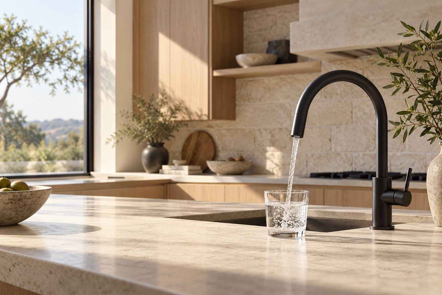Sunlit kitchen with a glass of water beside a black faucet
